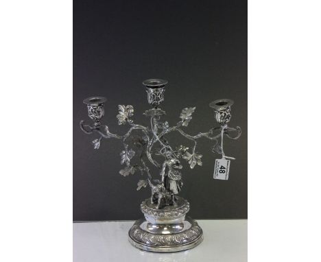 Silver plated three branch Candlestick in a Tree design with girl & dog to base