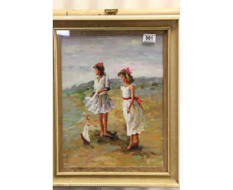 An oil painting portrait of two girls on a seashore with toy sailboats