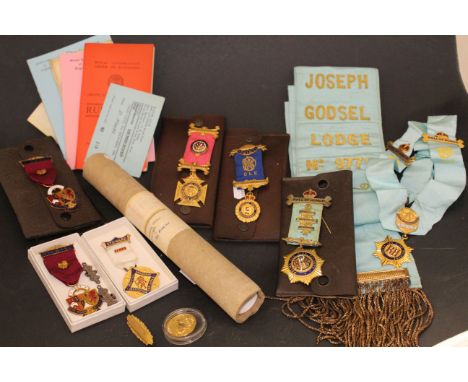 Collection of BROB Masonic items to include 6 medals, coin, badge, sash etc 