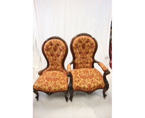 Pair of Victorian Mahogany Spoon and Button Back Gentleman's and Lady's Salon Chairs