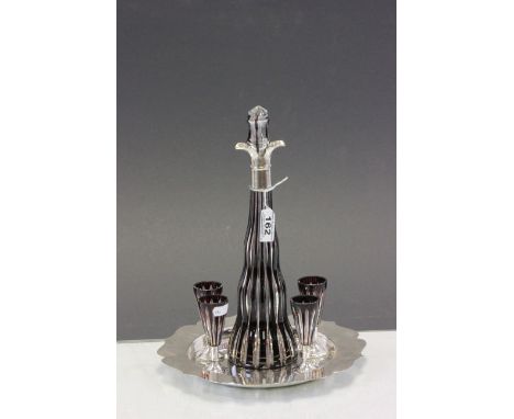 Red flash cut glass & Silver plate decanter with four glasses and tray