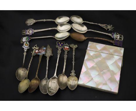 Mother of Pearl Card case and a collection of mainly Silver collectors spoons