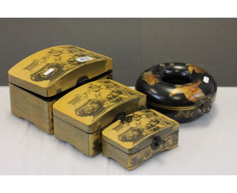 Set of three wooden box within boxes with printed decoration &amp; an Oriental circular trinket box