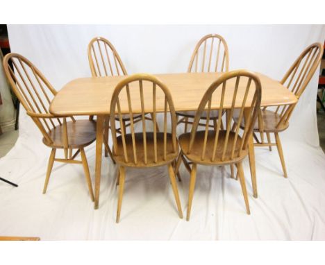 Ercol Pale Elm Dining Room Suite comprising Dining Table with Four Square Tapering Legs together with Six Hooped Stickback Di