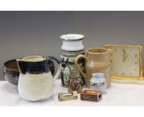 Quantity of sundries in two boxes to include enamel bread bin.bellows  and a group of studio pottery etc.