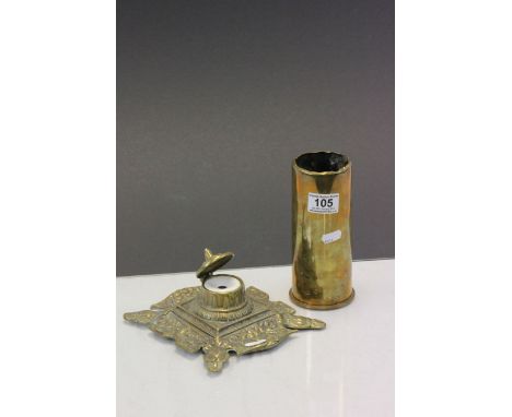 Brass inkstand with ceramic liner and a 1950's brass shell case
