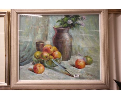 A studio framed oil painting still life of flowers, fruit and ceramic ware signs