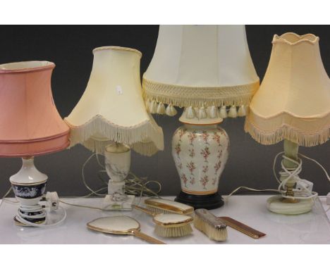 Four vintage table lamps with Ceramic & alabaster bases and a vintage handbrush & mirror set and a tin trunk