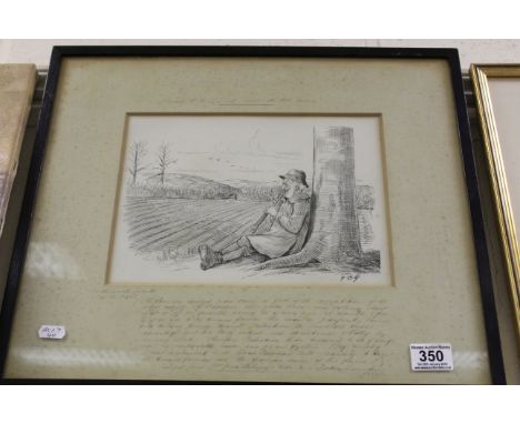 Pencil Drawing, Satirical Man under a tree playing a flute, no protection