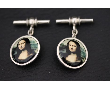 Pair of cufflinks depicting the Mona Lisa marked 925 and enamel 