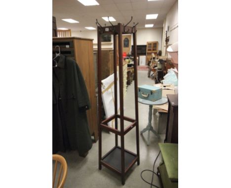 Early 20th century Tall Square Cloak Stand with Metal Tray to base originally from Chippenham Railway Station