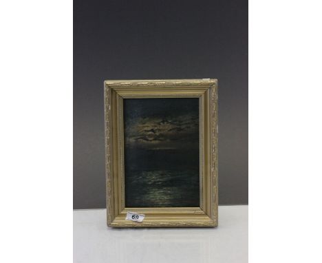 Oil on board tranquil seascape by moonlight signed with monogram