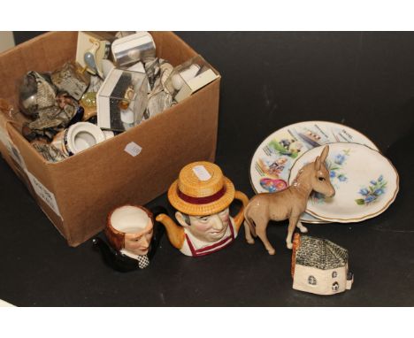 Box of mixed ceramic items to include Beswick Donkey, thimbles, Wade etc