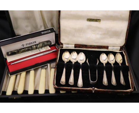 Boxed Parker fountain pen & another, a cased set of six hallmarked Silver teaspoons with tongs and a fish knife & fork set