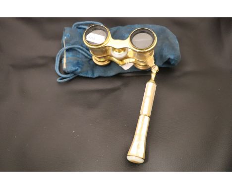Pair of Mother of Pearl & gilt brass Opera glasses with telescopic handle and original carrying pouch