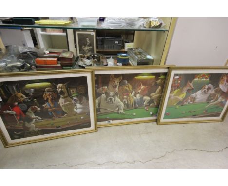 Three framed & glazed Humorous prints of Dogs playing Pool by Arthur SarnoffThree framed & glazed Humorous prints of Dogs pla