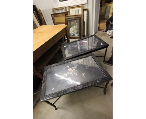 Pair of Early 20th century Ebonised Low Side Tables with Mother of Pearl Inlay and Faux Bamboo Legs