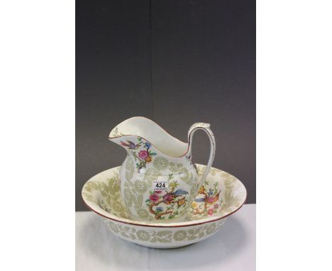 Copeland Spode for Harrod's jug &amp; bowl set with bird and flower decoration