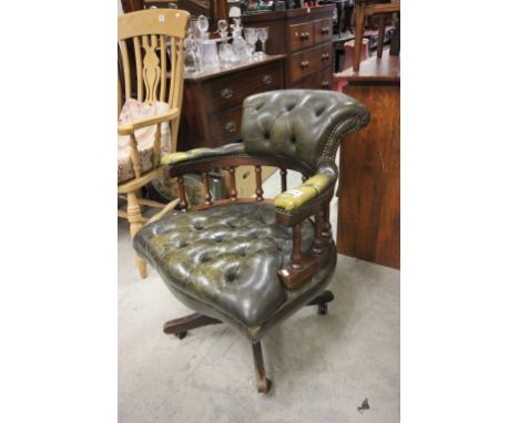 Early 20th century Green Leather Button Elbow Swivel Office Chair