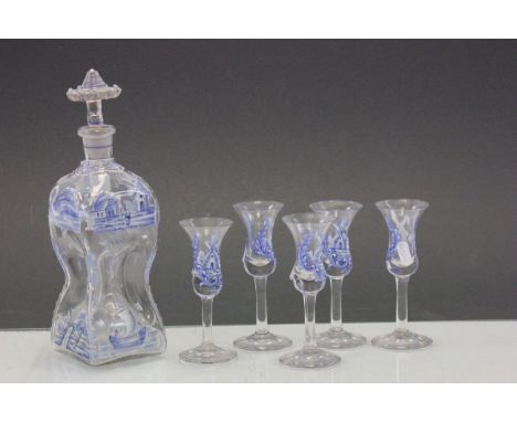 Dutch Enamel decorated glass Decanter with five glasses