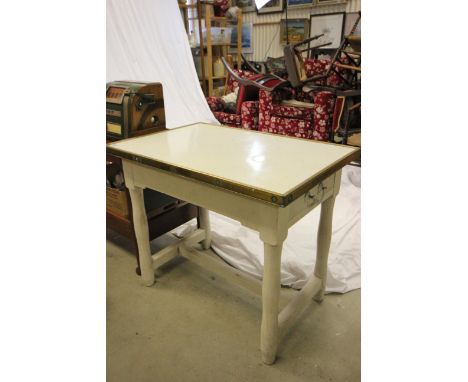 Victorian Dairy Table with Brass Framed White Enamel Top on a Painted Wooden Base with Drawer to end