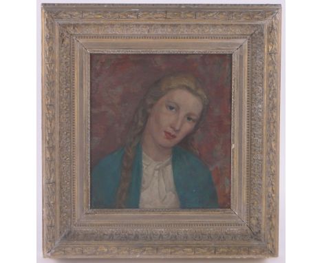 Mary Gwenllian Gibson (1911-1966),oil on canvas, portrait of a girl wearing a blue shawl, signed and dated 1943, 13" x 12", o