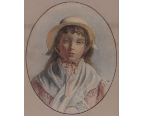 19th century watercolour, portrait of a young girl, signed with initials H W, 10.5" x 8.5", framed.