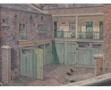 R Hosking,oil on canvas, backyard, signed and dated 1949, 16" x 20", framed.