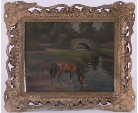 Geoffrey Mortimer (1895-1986),oil on board, horse at the stream, signed with Honiton Fine Art Gallery label verso, 7" x 9", f