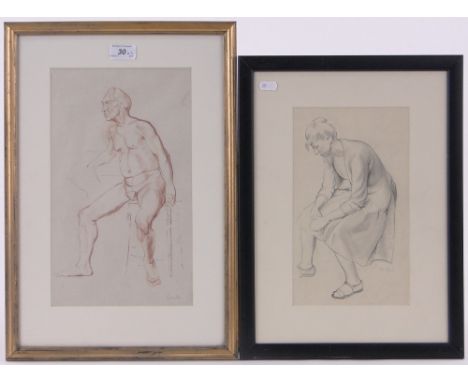 Henry Lamb (1883-1960),sanguine pencil, studio figure study of a man, 13.5" x 8" and R Brill, pencil, seated woman, both sign