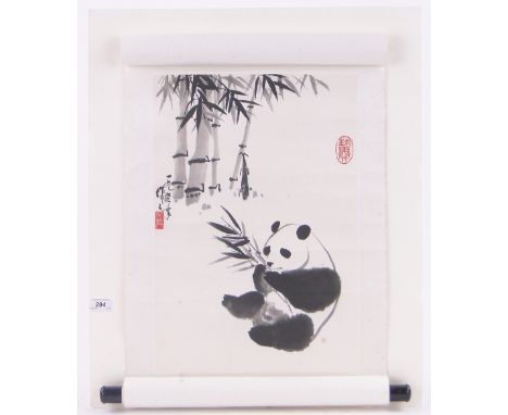 Chinese ink scroll painting, panda, signed with a seal, main panel 19" x 13", unframed.