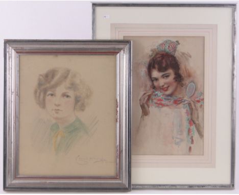 Ernest H Wills,coloured pastels, portrait of a girl, signed, 19" x 15.5" together with watercolour, portrait of a continental