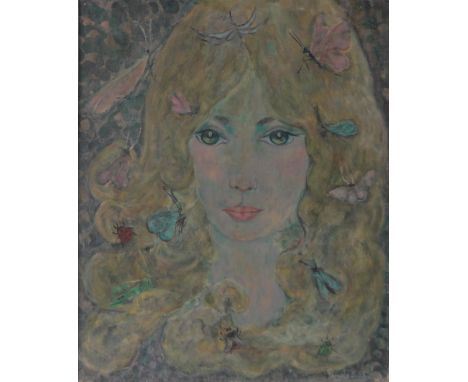 Mid 20th century oil on canvas, portrait of a girl with butterflies, signed Pamela, 24" x 20", framed.