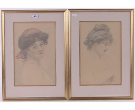 Charles Prosper Sainton (1861-1914),pair of Art Nouveau portraits of young women, graphite/crayon, signed, 14" x 9", framed.
