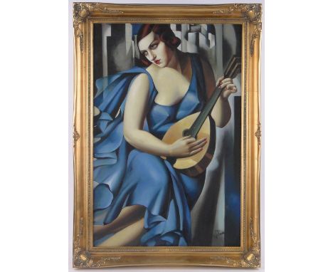 After Tamara Lempicka,modern oil on canvas laid on board, stylised portrait, 36" x 24", framed.