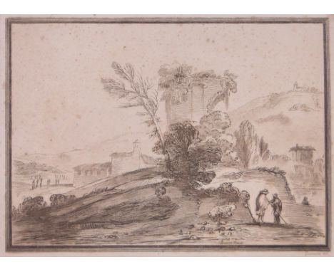 Guercino,17th century Old Master engraving, figures in Italian landscape, i 8" x 11", mounted.