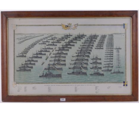 Colour lithograph circa 1910, His Majesty The King reviewing the British Home Fleet in the Solent, 22" x 36", maple framed.