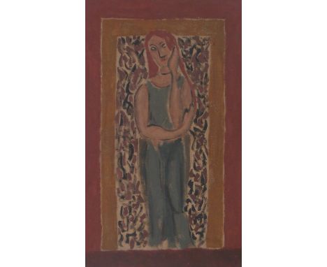A Bloomsbury style oil on canvas, stylised portrait of a woman, unsigned, 20" x 12", framed.