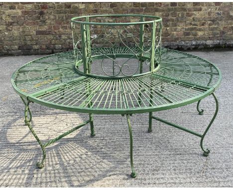 ARCHITECTURAL GARDEN TREE BENCH, antiqued green painted finish 77cm x 140cm x 140cm. 