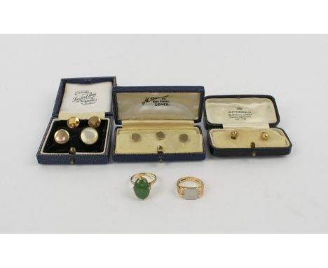 GENTS JEWELLERY, including cuff links, set of three, 9ct gold, engine turned decoration; matched set of two, Chester, one in 