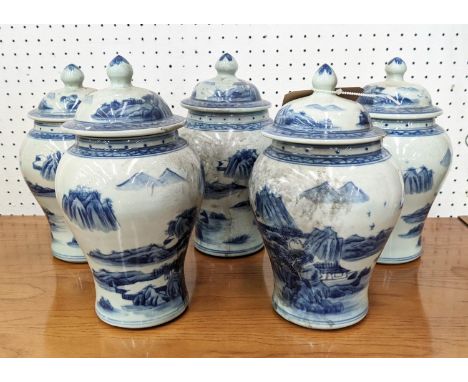 GINGER JARS, a set of five, Chinese export style blue and white ceramic, 22cm H. (5) 