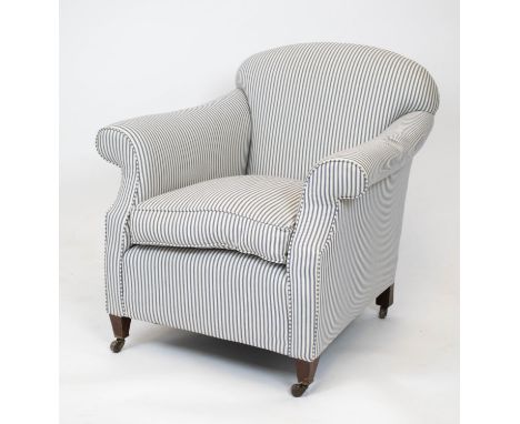 ARMCHAIR, 86cm H x 87cm W x 92cm D, Edwardian mahogany, in new ticking upholstery, with cushion seat and ceramic castors. 