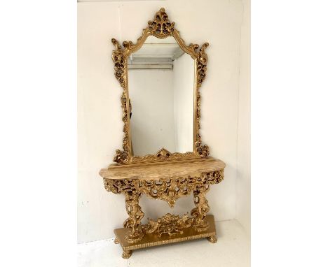 CONSOLE TABLE WITH MIRROR, with marble top, 288cm H x 128cm W, Louis XVI style, gilt frame and base. 