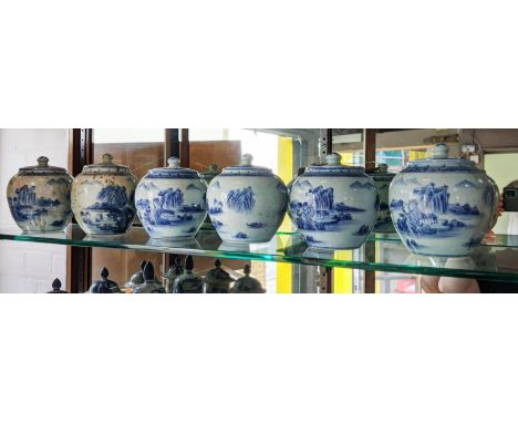 GINGER JARS, a set of six, Chinese export style, blue and white ceramic, 15cm H. (6) 