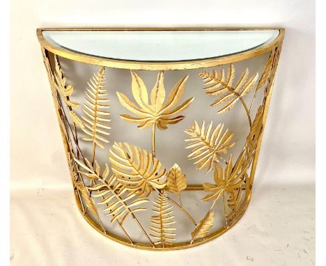 CONSOLE TABLE, Maison Jenson style, 68cm H x 78cm W x 31cm D, of demilune form, in a tropical leaf design, gilt metal frame. 