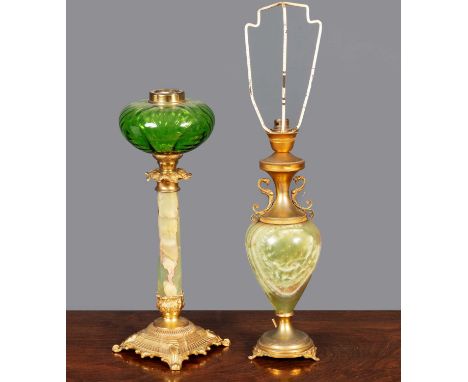 A late 19th / early 20th century green glass gilt metal and onyx oil lamp base 43cm high together with a gilt metal and onyx 