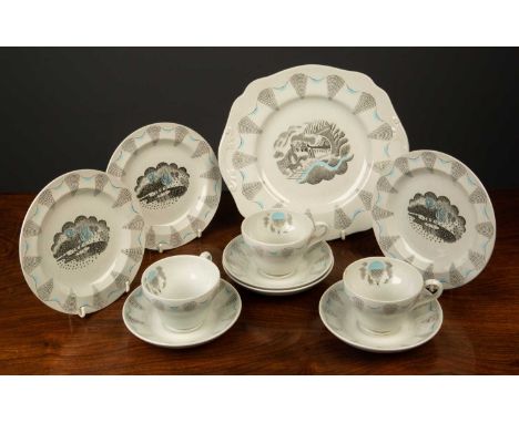 Ten pieces of Wedgwood 'Travel' china, designed by Eric Ravilious c.1950, comprising, three cups, four saucers, three side pl