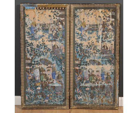 A 19th century Chinese screen of two sections, decorated with paper figures in architectural settings, 125cm wide x 131cm hig