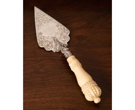 Late Victorian silver engraved presentation trowel with very decorative turned and carved ivory handle with acanthus crown po