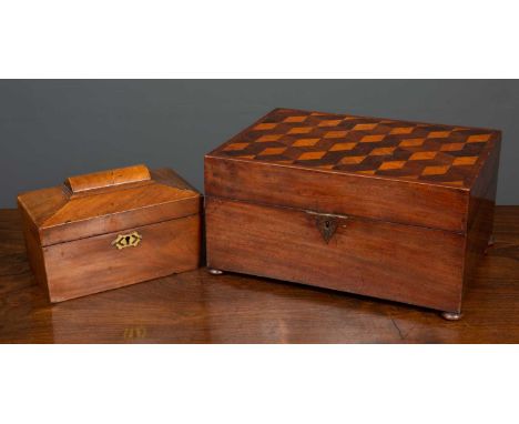 A mahogany box with tumbling block marquetry top, 35cm wide x 26cm deep x 17.5cm high together with a Georgian sarcophagus sh